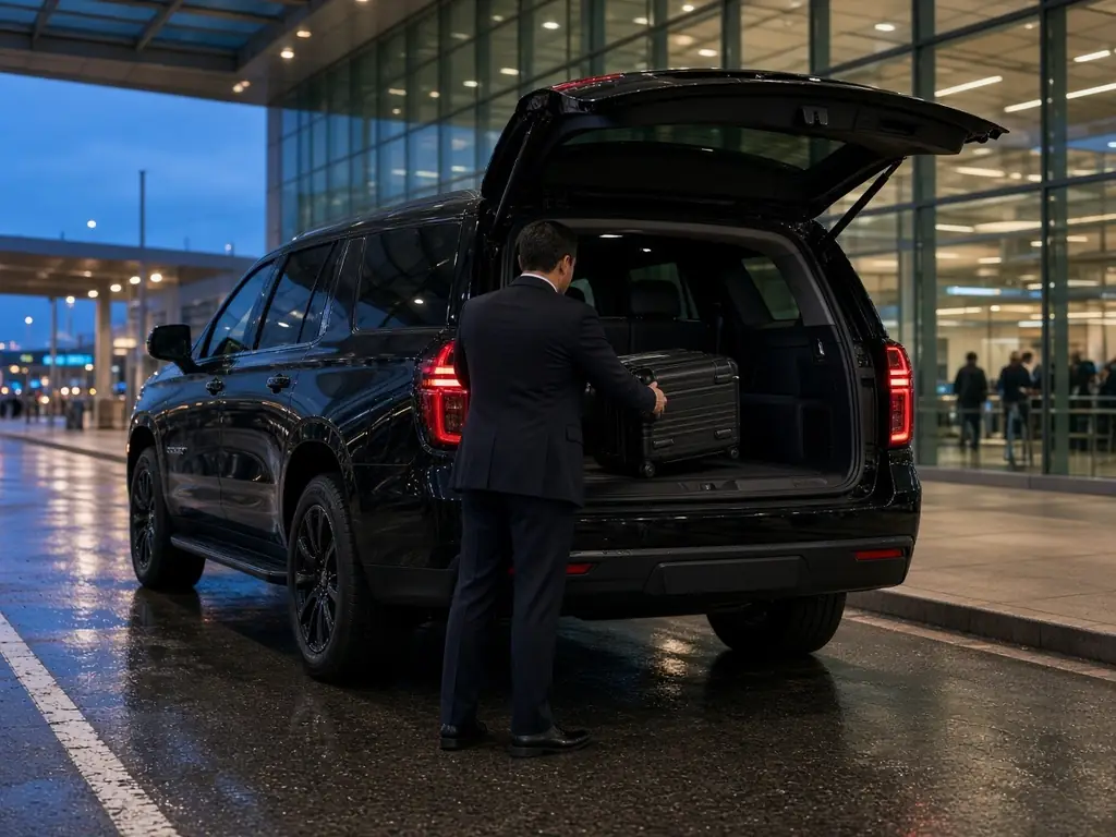 Chauffeur loading luggage into a black SUV at an airport