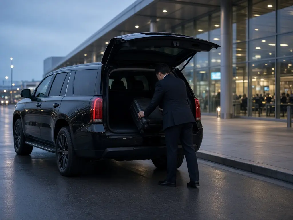 Chauffeur loading luggage into a black SUV at an airport