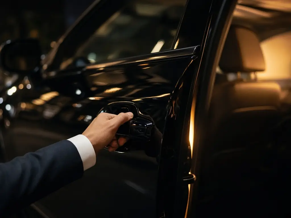 Chauffeur opening the rear door of a black SUV at night