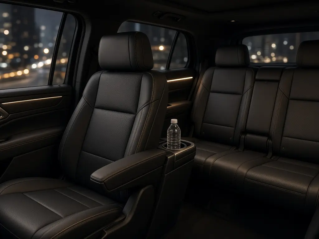 Black leather rear seating inside a luxury SUV
